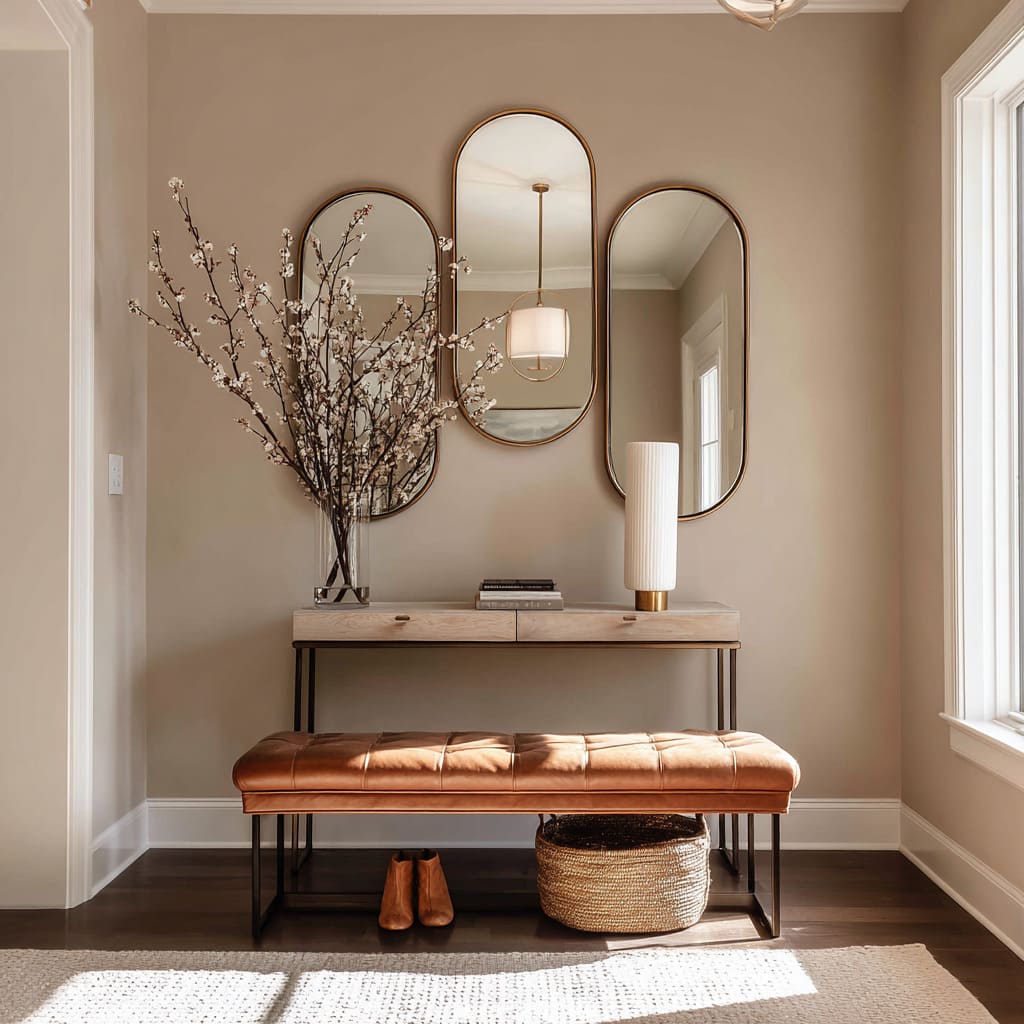 three vertically mounted oval mirrors offer a refreshing shift from angular repetition, introducing gentle curvature to the wall display three vertically mounted oval mirrors offer a refreshing shift from angular repetition, introducing gentle curvature to the wall display