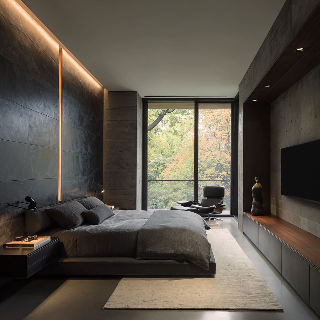 A Dark Luxury Master Bedroom Design with a TV on the Wall in Front of the Bed A Dark Luxury Master Bedroom Design with a TV on the Wall in Front of the Bed