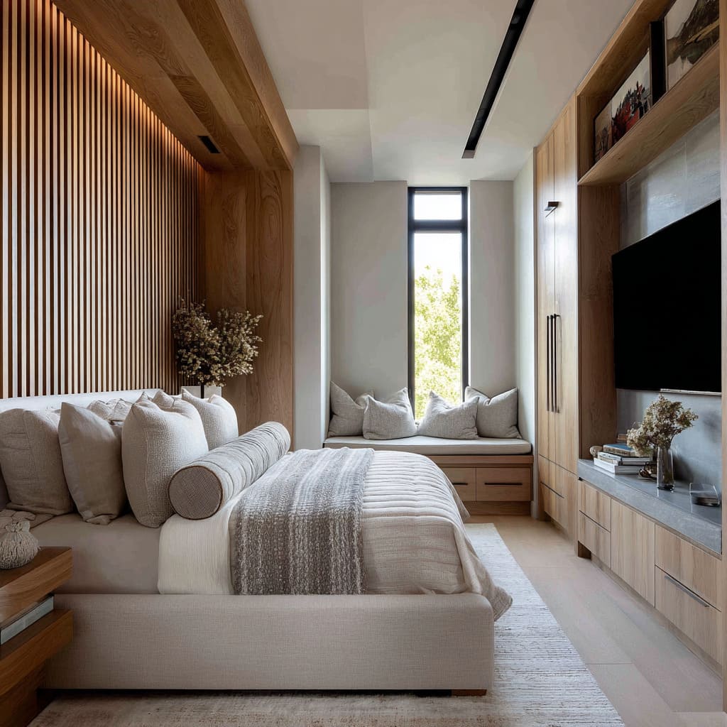 A Narrow Master Bedroom Design with a TV Wall and Warm Vertical Woodwork and Layered Softness A Narrow Master Bedroom Design with a TV Wall and Warm Vertical Woodwork and Layered Softness