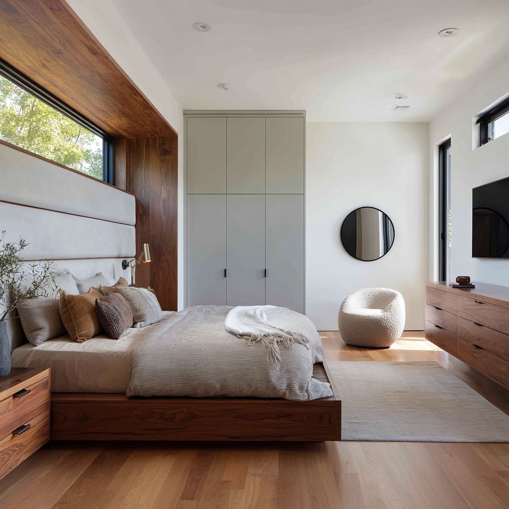 A bedroom design balances rigorous geometric framing with subtle material warmth A bedroom design balances rigorous geometric framing with subtle material warmth
