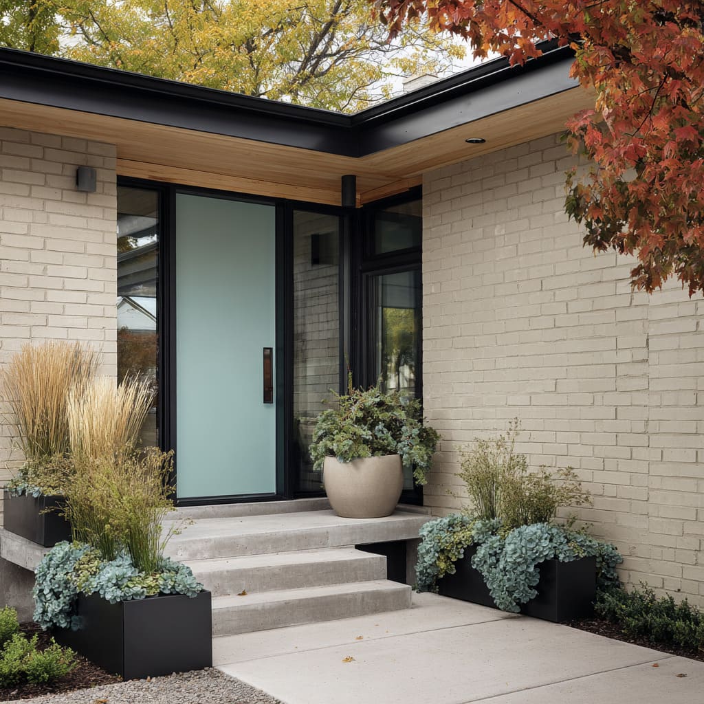 A beige brick home design presents a front door in a powdered, chalky mint with a slightly blue undertone, which feels clean and cool A beige brick home design presents a front door in a powdered, chalky mint with a slightly blue undertone, which feels clean and cool