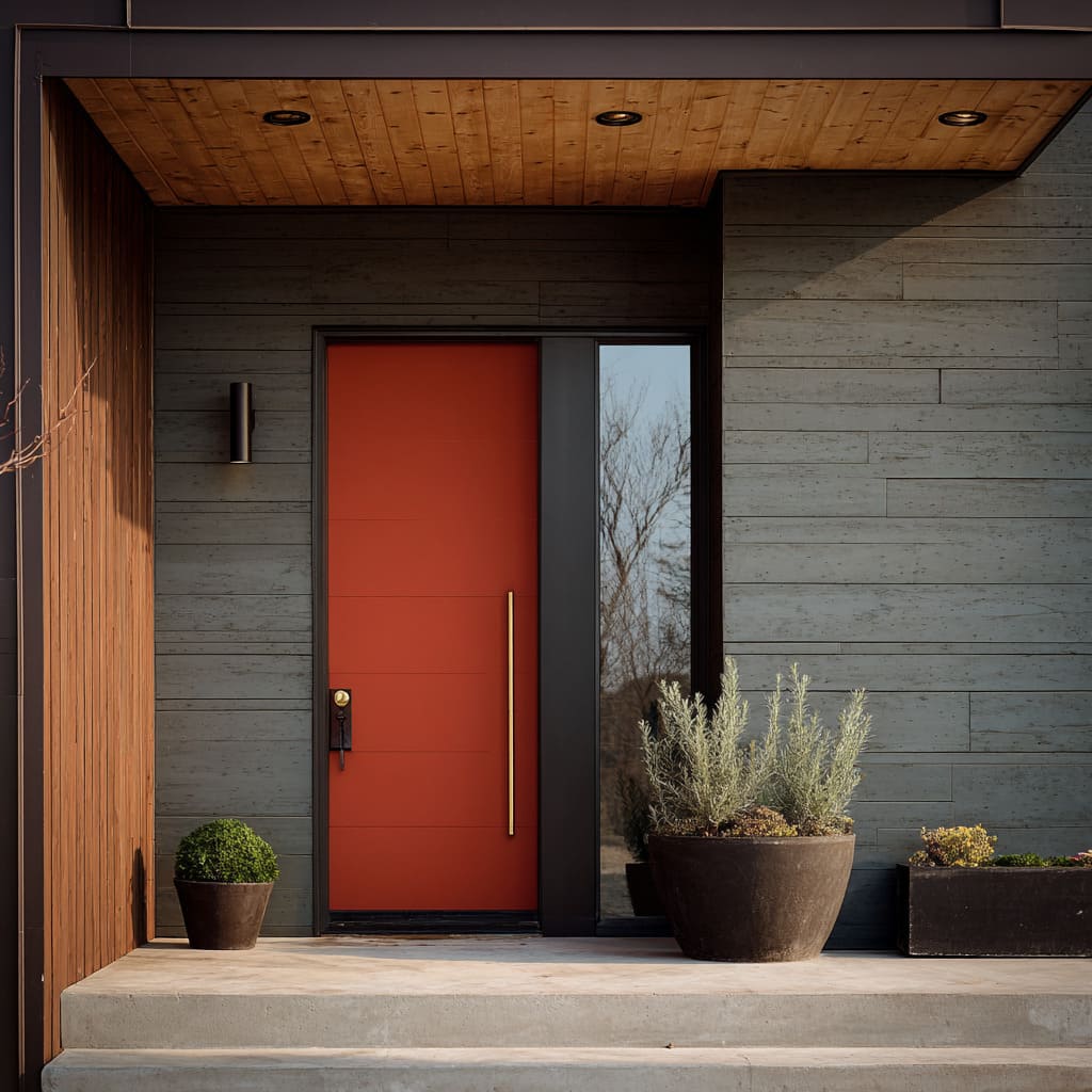 A bold burnt orange door is placed within a dark grey horizontal siding composition, enhanced by charcoal trim A bold burnt orange door is placed within a dark grey horizontal siding composition, enhanced by charcoal trim