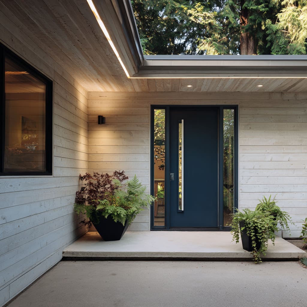 A door is in deep navy so dark it nearly blends into the charcoal-framed glass sidelight A door is in deep navy so dark it nearly blends into the charcoal-framed glass sidelight