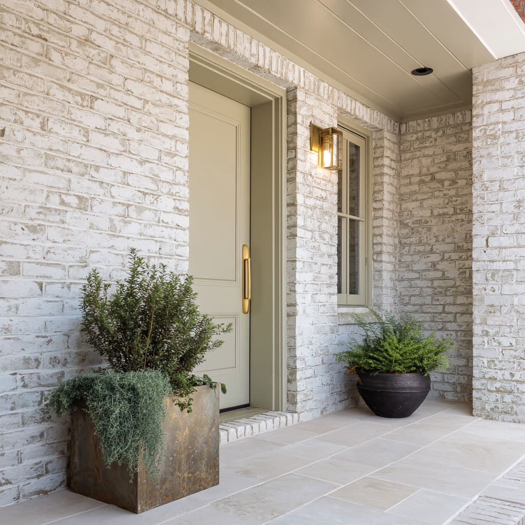 A front door design here blends into its whitewashed grey brick surroundings with a muted sage green tone A front door design here blends into its whitewashed grey brick surroundings with a muted sage green tone