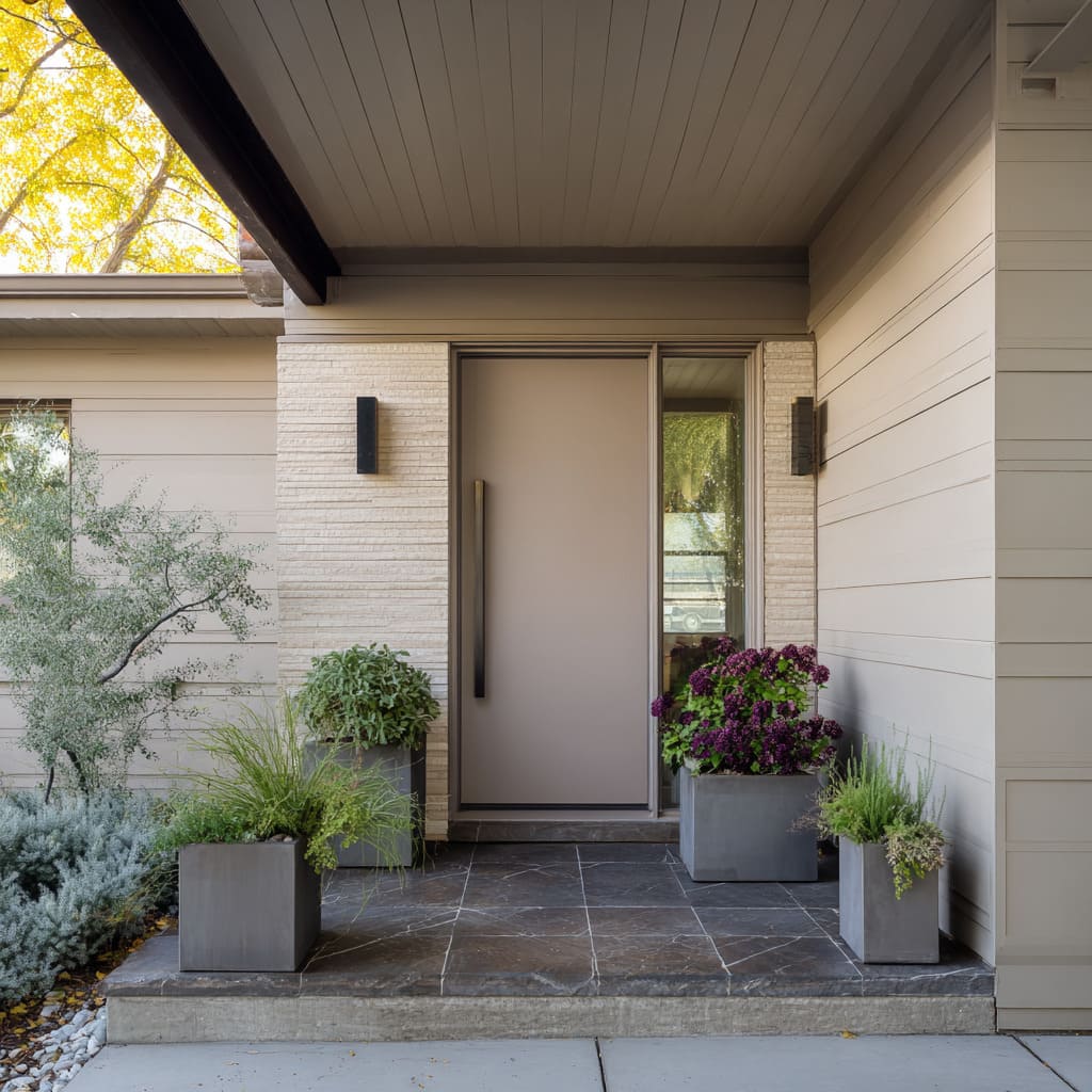 A front door is a highly specific mauve-taupe, light but with enough pigment to clearly distinguish itself from beige A front door is a highly specific mauve-taupe, light but with enough pigment to clearly distinguish itself from beige