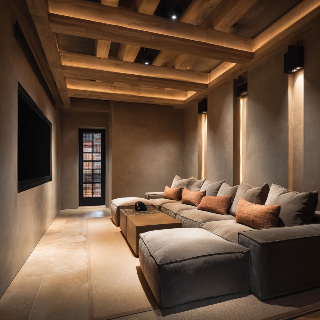 A home theater design draws immediate attention through its blend of earthy materials and a warm tonal palette, grounded by a sculptural approach to ceil A home theater design draws immediate attention through its blend of earthy materials and a warm tonal palette, grounded by a sculptural approach to ceil