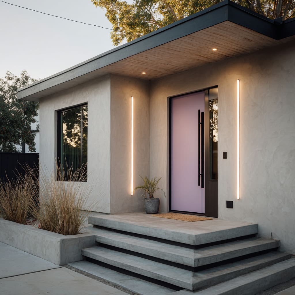 A house exterior design is a warm grey stucco that leans toward a limestone tone, and the soft purple door introduces a calm, pastel tension A house exterior design is a warm grey stucco that leans toward a limestone tone, and the soft purple door introduces a calm, pastel tension