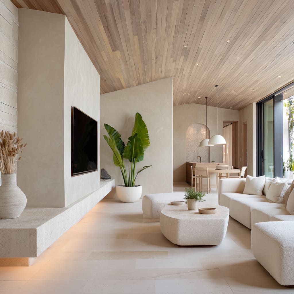 A long stone ledge floats below the mounted television and disappears into a gently sloping corner