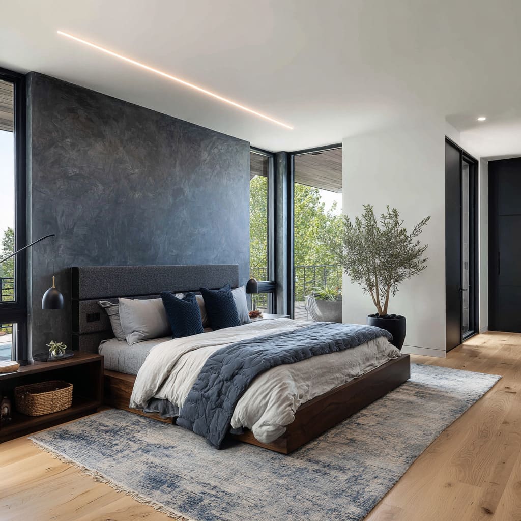 A modern looking statement wall is finished in a highly layered dusty blue plaster that mimics stone more than paint