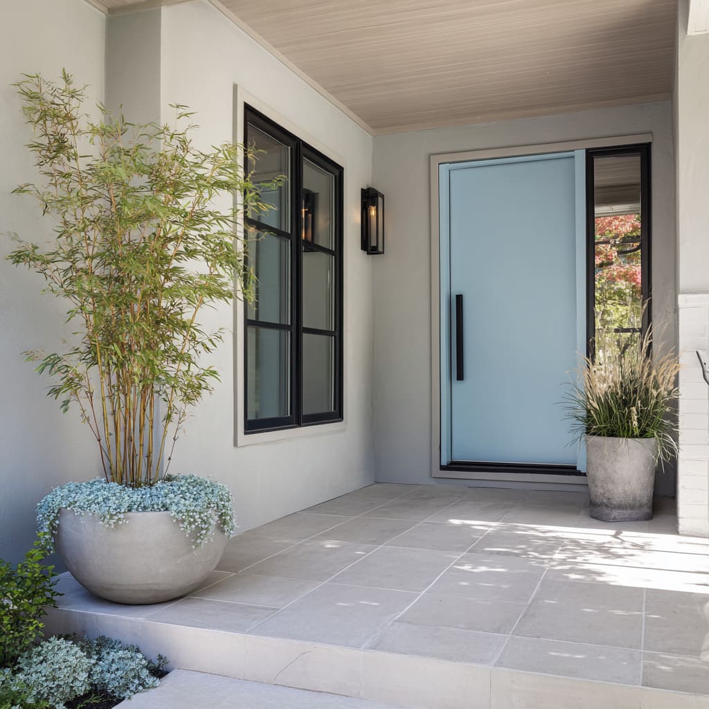 A pale powder blue door gently brightens a cool mid-gray stucco facade A pale powder blue door gently brightens a cool mid-gray stucco facade