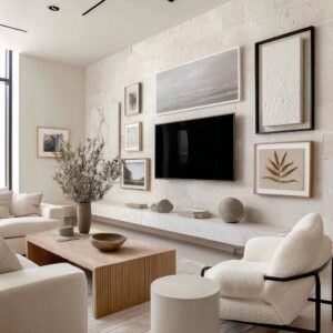 Neutral Gallery Wall Ideas Around TV Without Color Overload