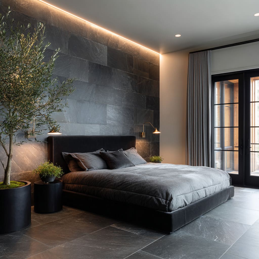 A soft black upholstered bed with a clean profile is grounded by matching slate flooring and wrapped in tonal bedding A soft black upholstered bed with a clean profile is grounded by matching slate flooring and wrapped in tonal bedding