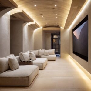Modern Home Theater Interior Design Ideas with Muted Light and Texture