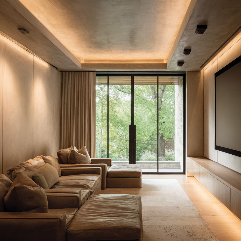 A theater design leans into tonal warmth and organic rhythm, layered with subtle transitions in material A theater design leans into tonal warmth and organic rhythm, layered with subtle transitions in material