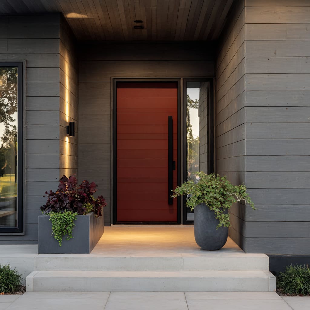 An entry design shows how a deep brick red door can add both energy and maturity to a cool-toned horizontal grey plank facade An entry design shows how a deep brick red door can add both energy and maturity to a cool-toned horizontal grey plank facade
