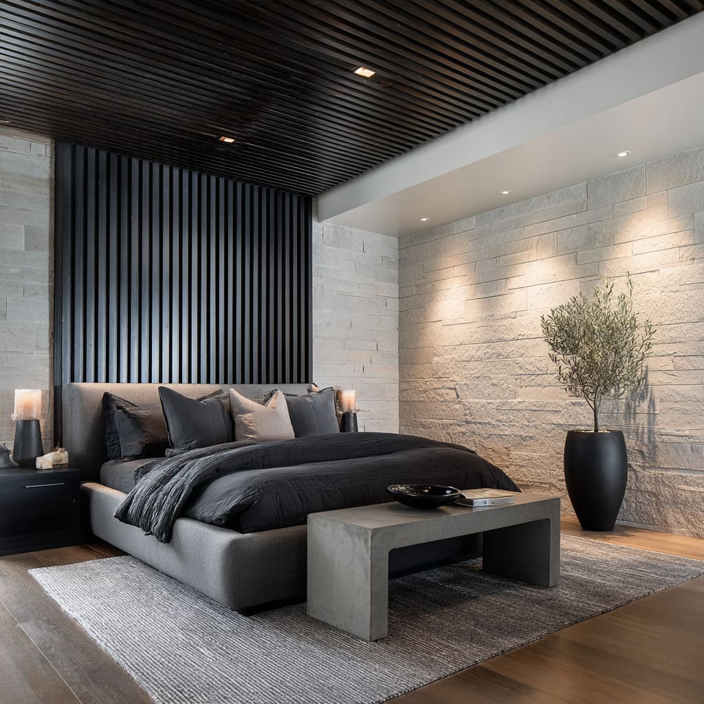 Black-stained slatted ceiling flowing into wall paneling with moody modern contrast Black-stained slatted ceiling flowing into wall paneling with moody modern contrast