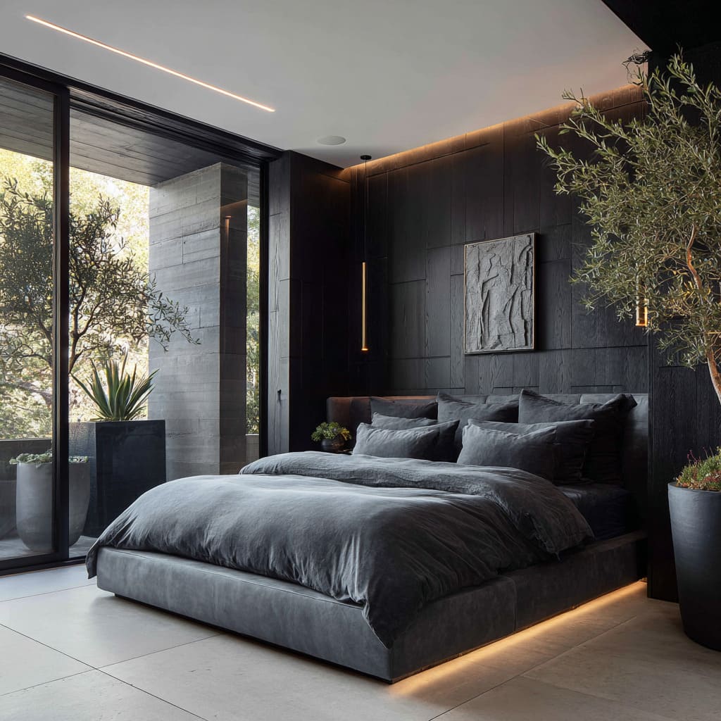 Black stained wood cladding spans the entire bedroom feature wall and is laid in large square panels with subtly mismatched grain direction Black stained wood cladding spans the entire bedroom feature wall and is laid in large square panels with subtly mismatched grain direction