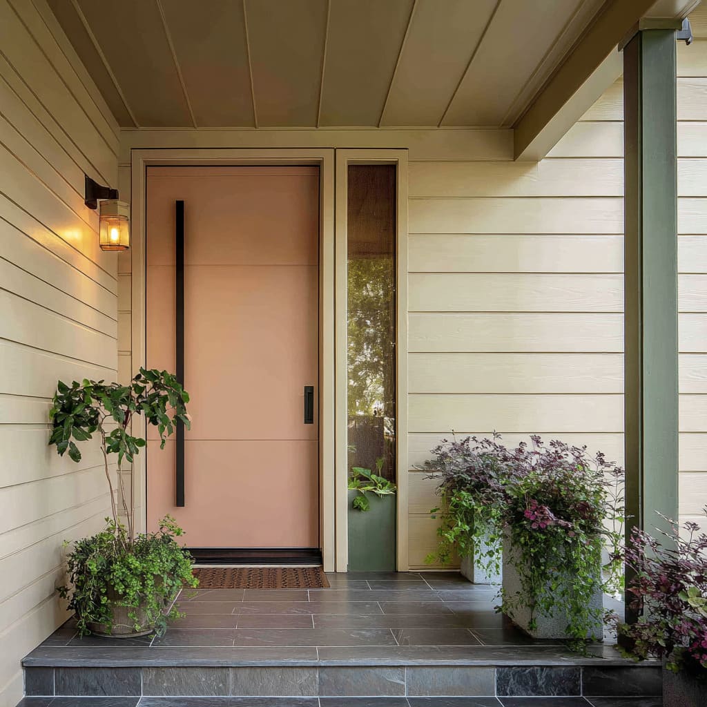 Blush Clay Door with Warm Beige Siding and Botanical Framing Blush Clay Door with Warm Beige Siding and Botanical Framing