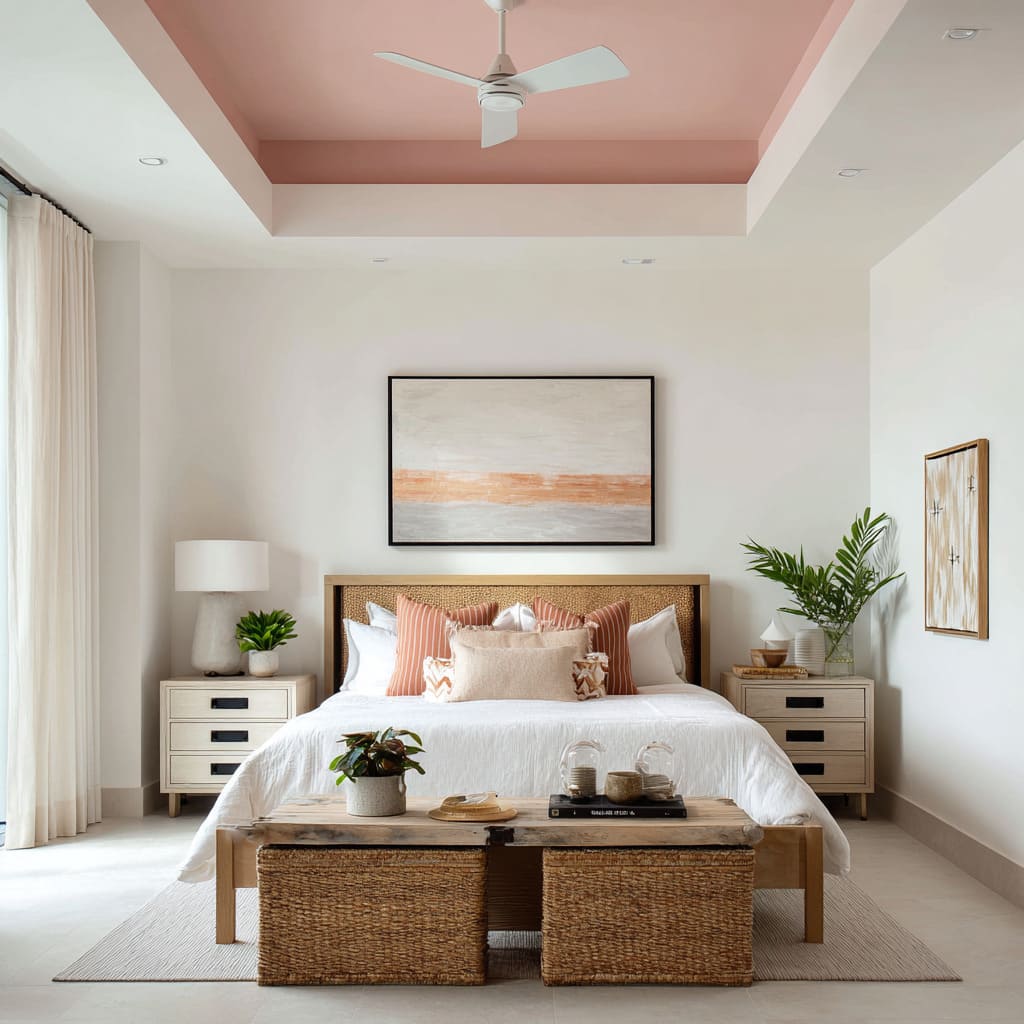 Blush and off-white two-tone tray ceiling defining a soft contemporary bedroom design Blush and off-white two-tone tray ceiling defining a soft contemporary bedroom design