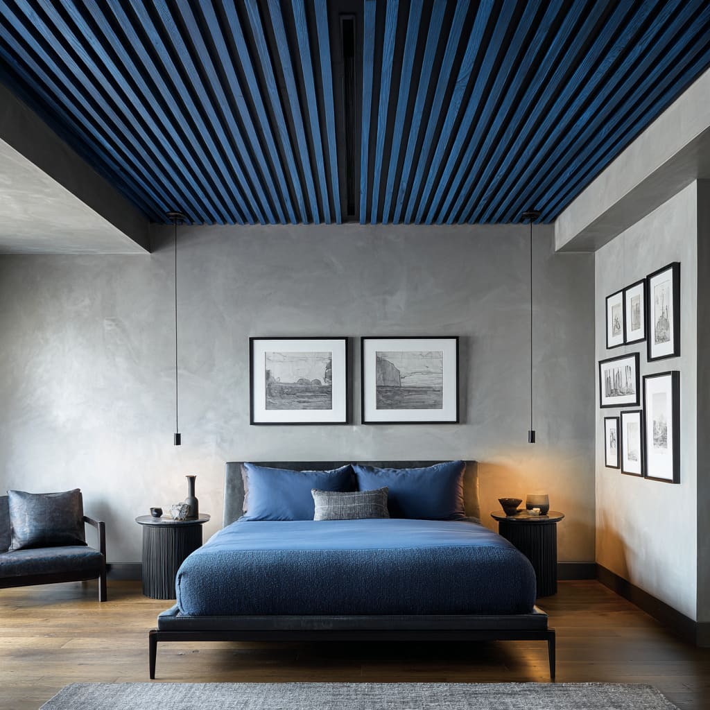 Bold blue ceiling slats and dark gaps extending wall-to-wall above modern bed