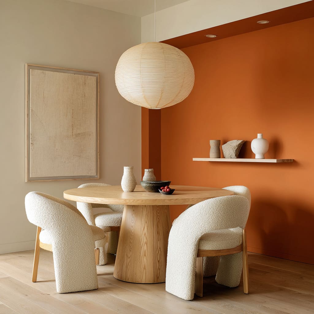 Pared en naranja quemado vibrante junto a formas curvas en madera clara. Pared en naranja quemado vibrante junto a formas curvas en madera clara.