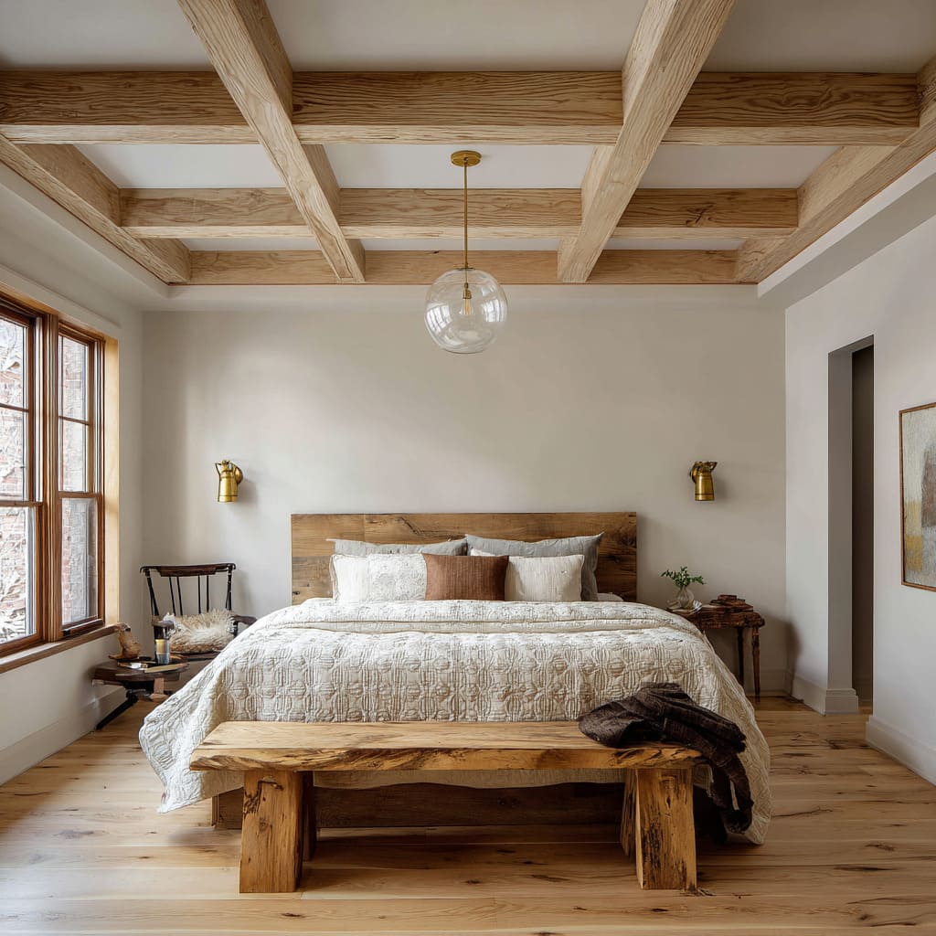 Box beam ceiling with light oak grid framing a rustic-modern bedroom design Box beam ceiling with light oak grid framing a rustic-modern bedroom design