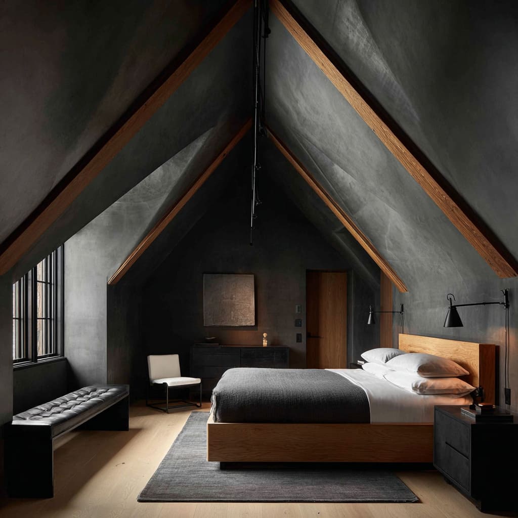 Charcoal vaulted ceiling with exposed wood beams shaping a dramatic sleeping space design Charcoal vaulted ceiling with exposed wood beams shaping a dramatic sleeping space design