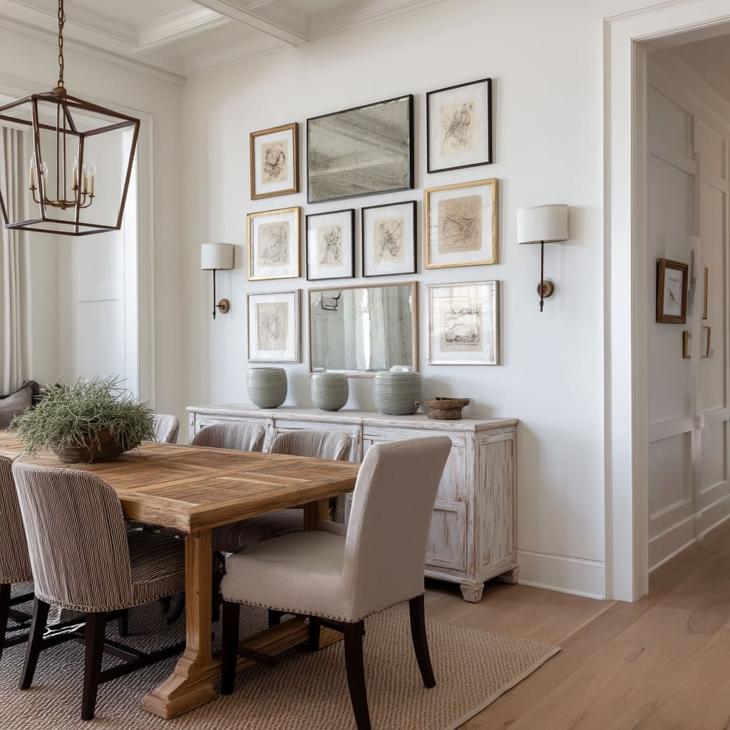 Collected Sketches and Layered Frames Above a Rustic Sideboard