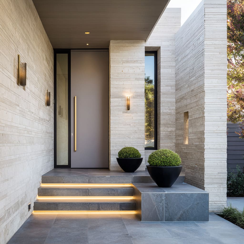 Cool-Mauve Door with Golden Accents Framed by Pale Stone and Shadow Gaps Cool-Mauve Door with Golden Accents Framed by Pale Stone and Shadow Gaps