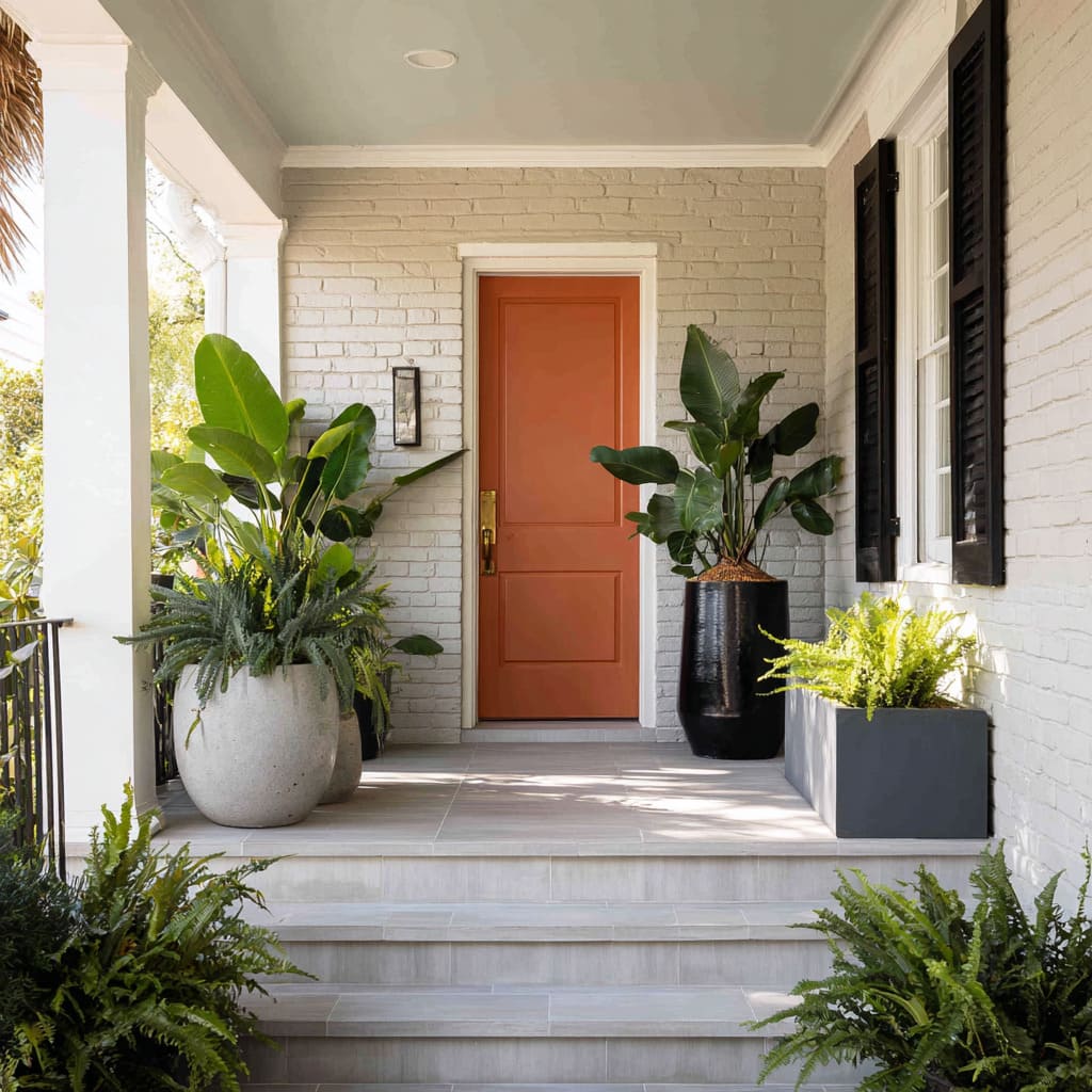 Deep Terracotta Door Framed in Pale Brick with Tropical Greenery