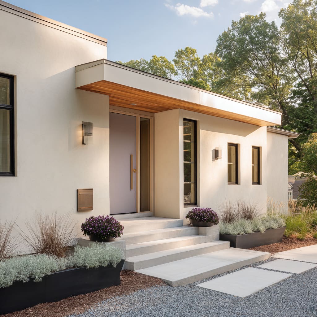 Dusty Lavender Door in Smooth Beige Stucco with a Botanical Echo Dusty Lavender Door in Smooth Beige Stucco with a Botanical Echo