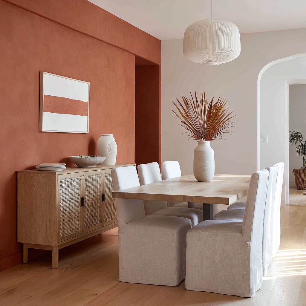 Muro de terracota terroso enmarcado por molduras suaves en blanco. Muro de terracota terroso enmarcado por molduras suaves en blanco.