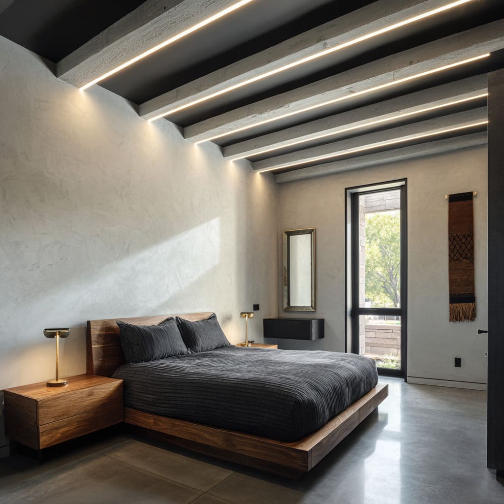 Exposed concrete-tone beams with linear LEDs on a modern ceiling grid Exposed concrete-tone beams with linear LEDs on a modern ceiling grid