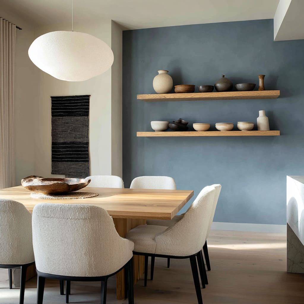 Muro índigo deslavado con estantes flotantes de exhibición en roble. Muro índigo deslavado con estantes flotantes de exhibición en roble.