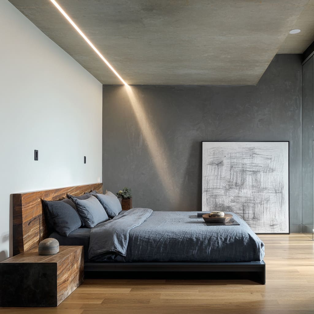 Floating concrete slab ceiling design with diagonal light slot over slate-toned bed Floating concrete slab ceiling design with diagonal light slot over slate-toned bed