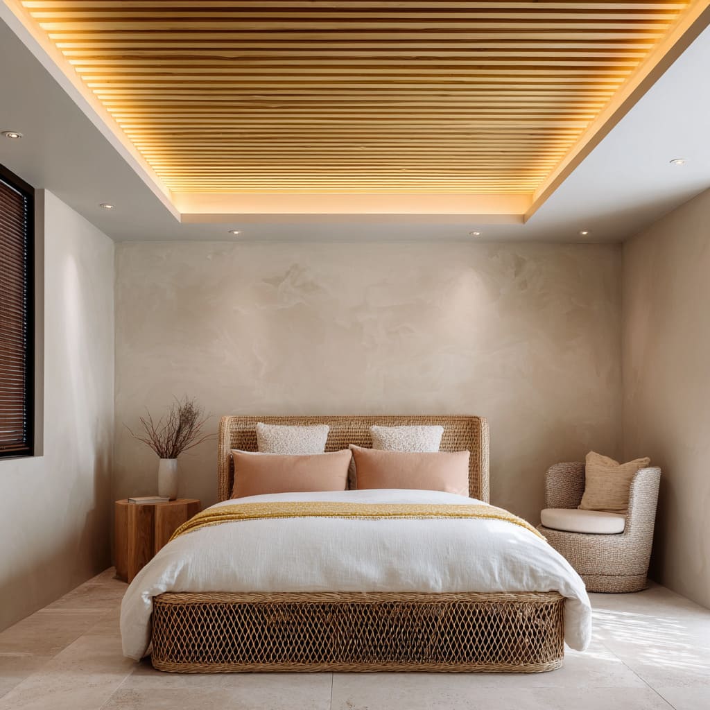 Golden timber slatted ceiling design recessed in pale box frame with cove lighting Golden timber slatted ceiling design recessed in pale box frame with cove lighting