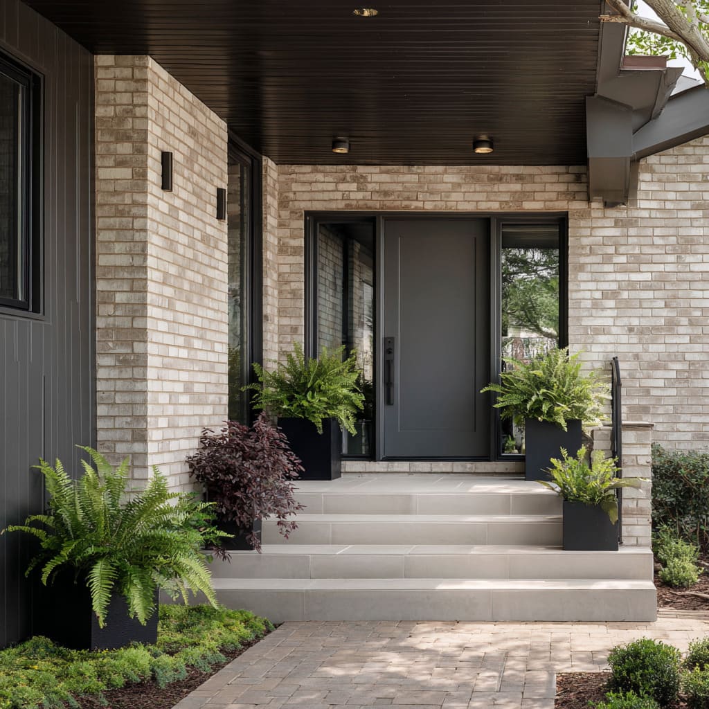 Graphite-Toned Door with Deep Shadow Eaves and Lush Fern Framing Graphite-Toned Door with Deep Shadow Eaves and Lush Fern Framing