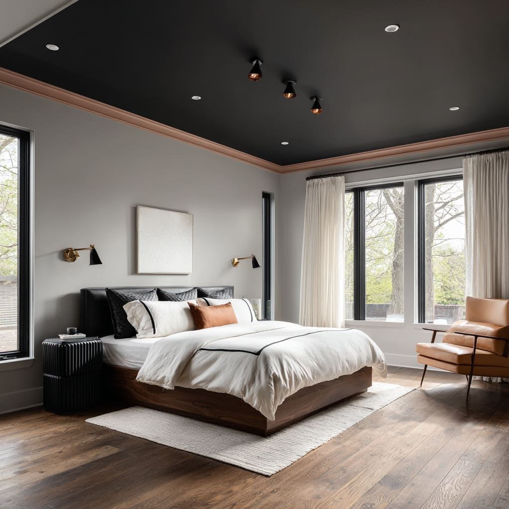 Graphite ceiling with warm clay molding edge in a high-contrast bedroom design Graphite ceiling with warm clay molding edge in a high-contrast bedroom design