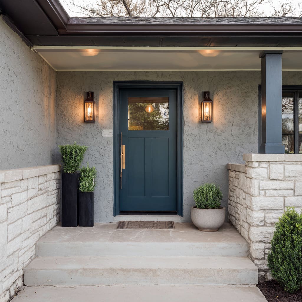 Here, a rich teal-blue door lends depth and mood to a grey stucco house with mixed stone-texture bases Here, a rich teal-blue door lends depth and mood to a grey stucco house with mixed stone-texture bases