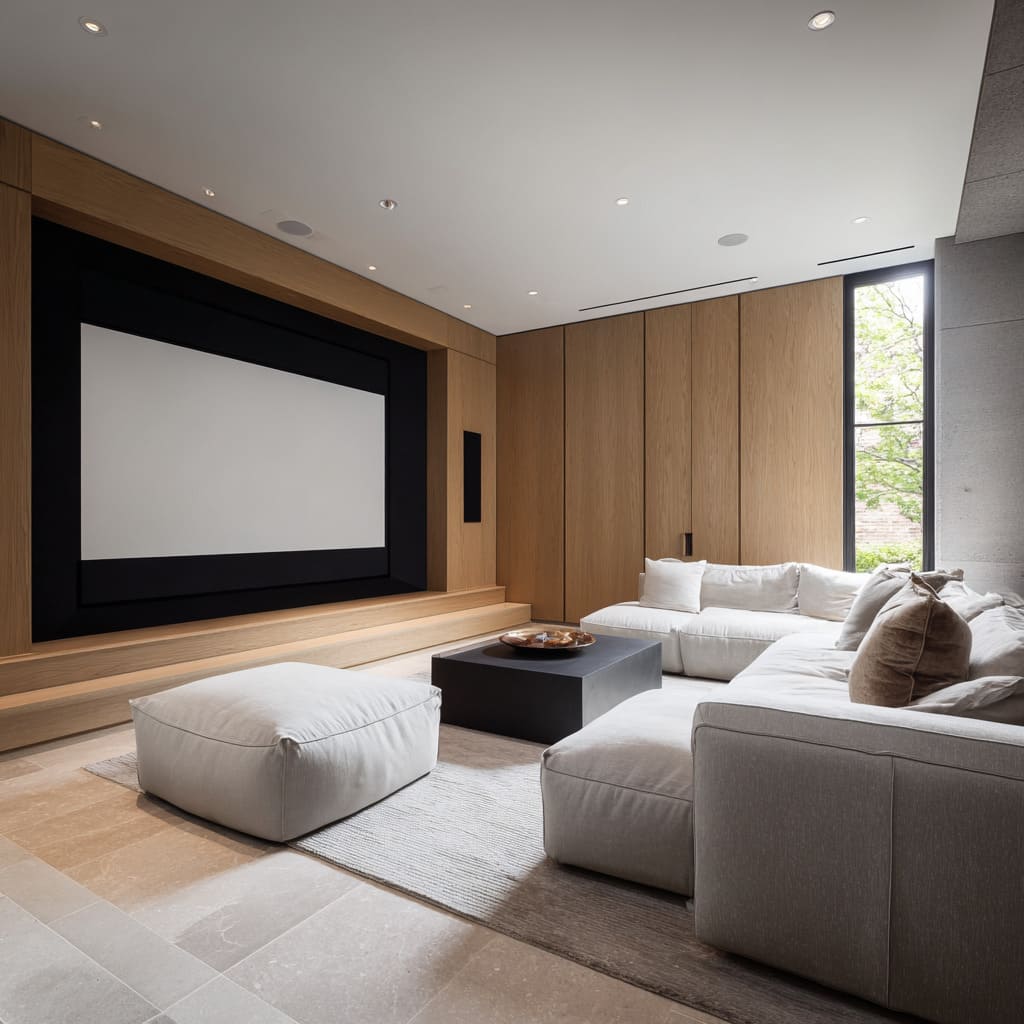 Here, the home theater design is articulated as a clean volume with high contrast between structure and softness Here, the home theater design is articulated as a clean volume with high contrast between structure and softness