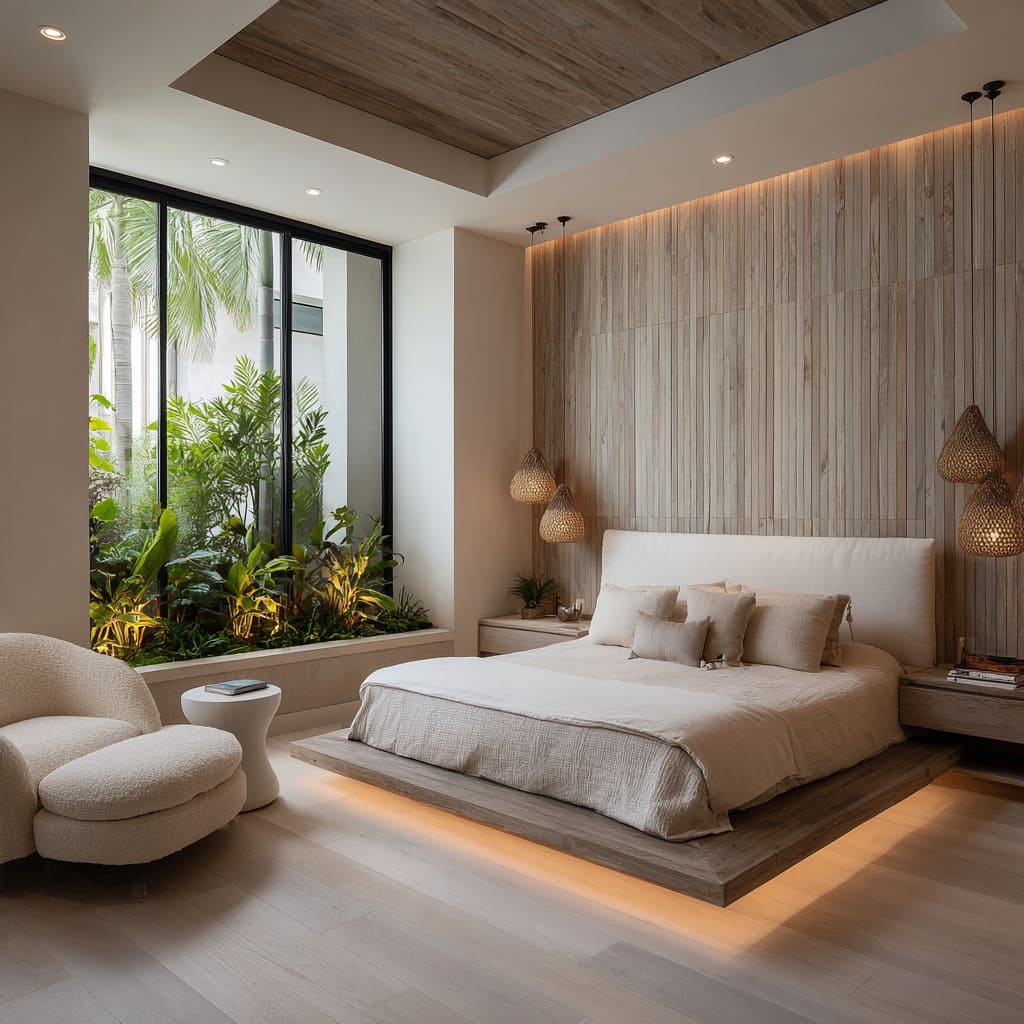 Here, the most subtle move may be the integration of indirect lighting behind the vertical slatted wood wall Here, the most subtle move may be the integration of indirect lighting behind the vertical slatted wood wall
