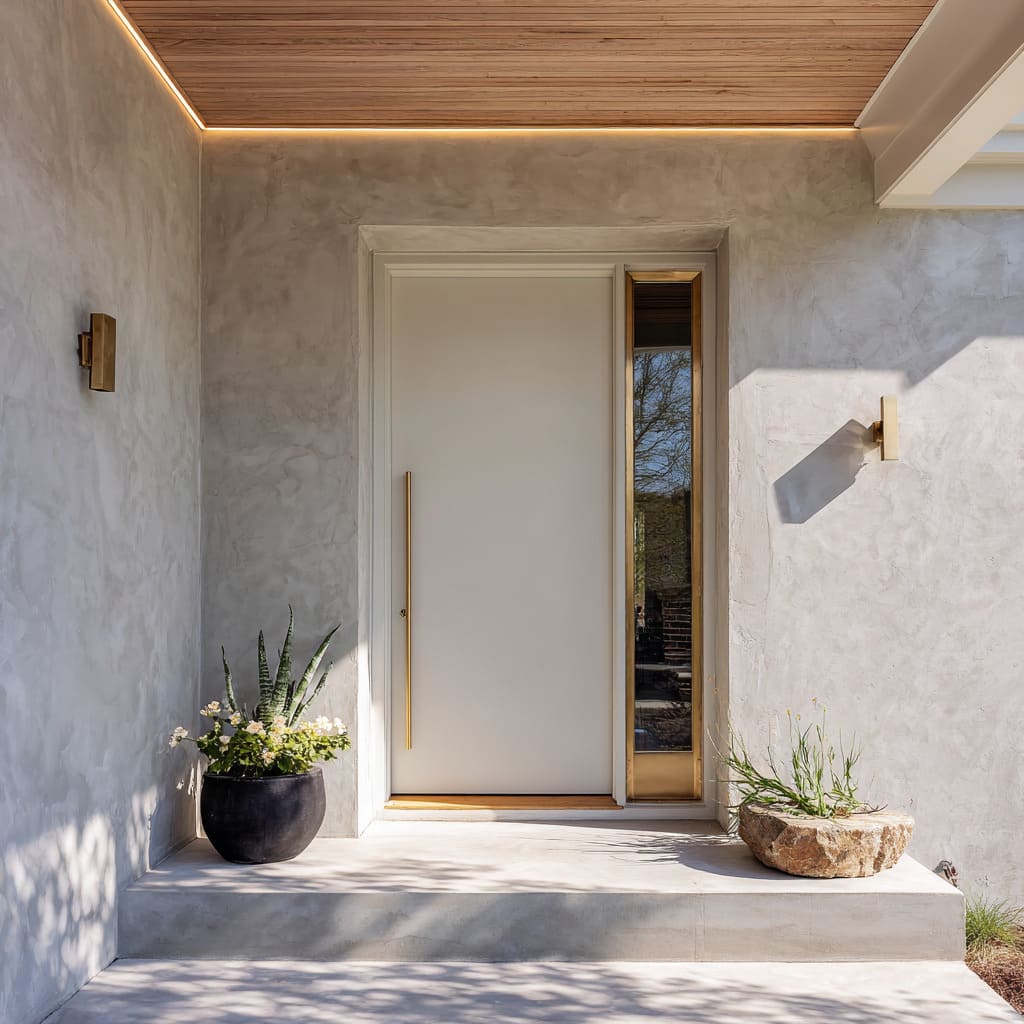 In this subtle composition, a soft off-white door is embedded into a niche carved from a smooth grey plaster wall In this subtle composition, a soft off-white door is embedded into a niche carved from a smooth grey plaster wall
