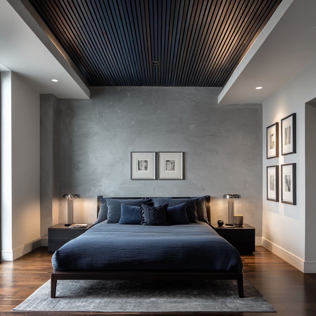 Indigo wood slatted ceiling band recessed into a white ceiling frame Indigo wood slatted ceiling band recessed into a white ceiling frame