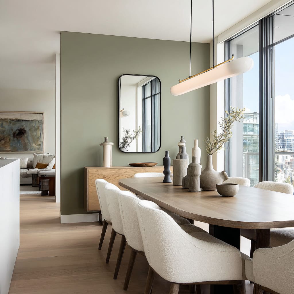 Pared salvia clara que se funde con grandes ventanas llenas de luz natural. Pared salvia clara que se funde con grandes ventanas llenas de luz natural.