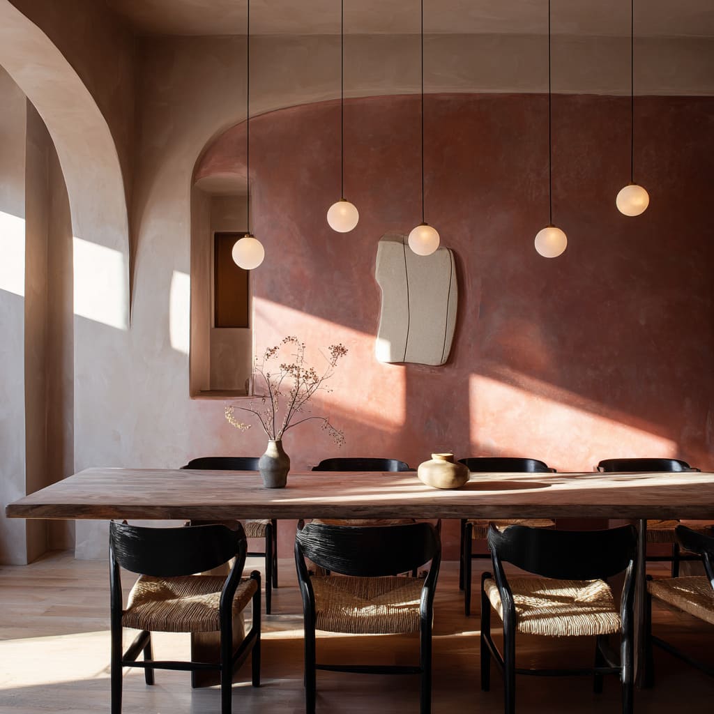 Pared en terracota profunda con acabado lujoso que atrapa la luz solar inclinada. Pared en terracota profunda con acabado lujoso que atrapa la luz solar inclinada.