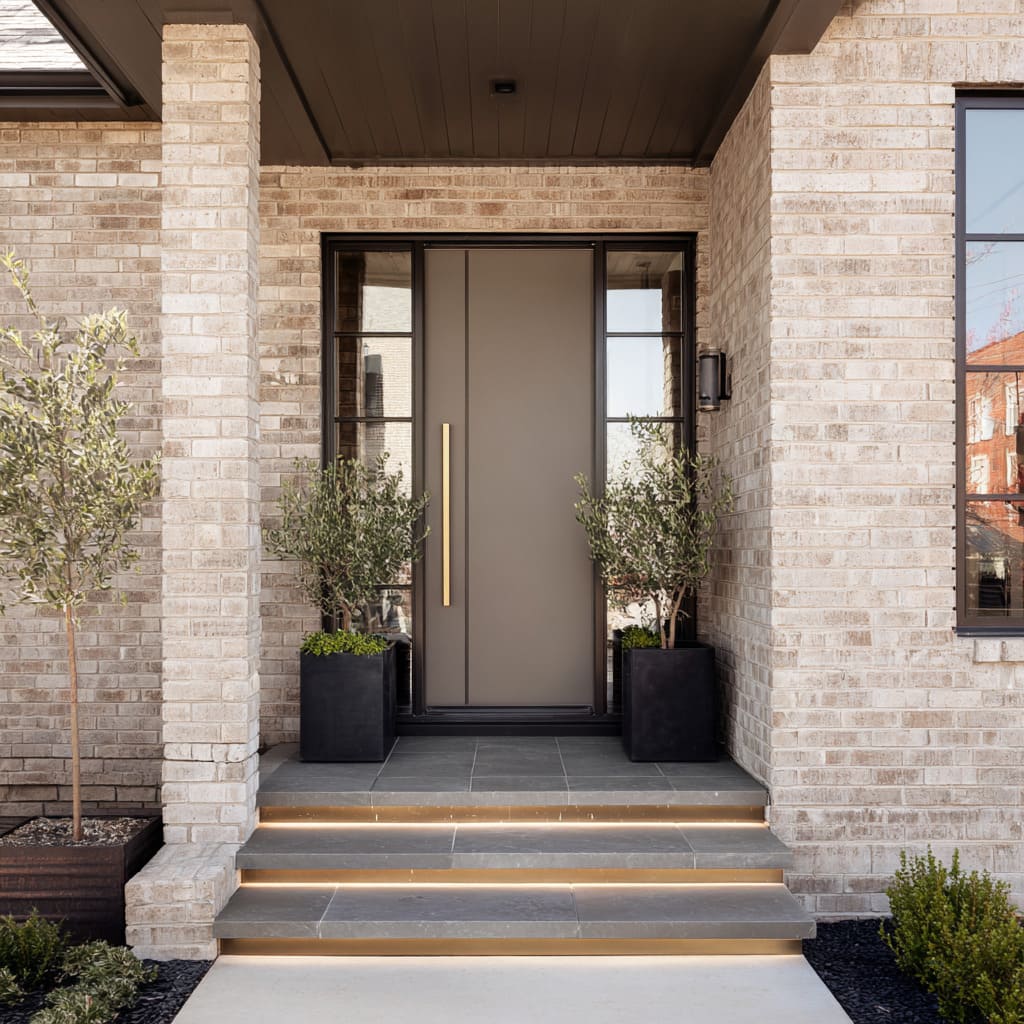 Matte Greige Door with Framed Flankers in a Pale Beige Brick Layout Matte Greige Door with Framed Flankers in a Pale Beige Brick Layout