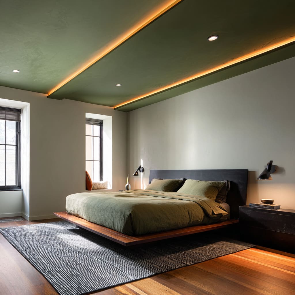 Matte olive tray ceiling with recessed golden strip lights over a low wood platform bed Matte olive tray ceiling with recessed golden strip lights over a low wood platform bed