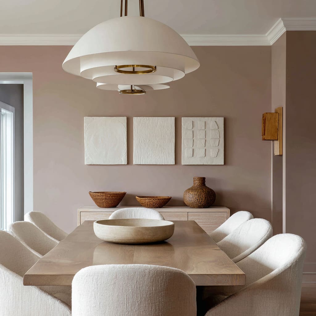 Muro beige malva de acabado tiza bajo una lámpara blanca de niveles. Muro beige malva de acabado tiza bajo una lámpara blanca de niveles.