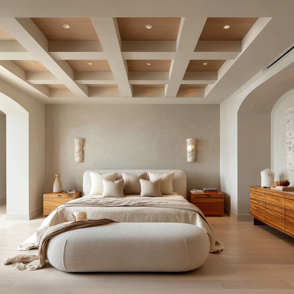 Mushroom beige coffered ceiling with wood inset panels and warm spotlighting Mushroom beige coffered ceiling with wood inset panels and warm spotlighting