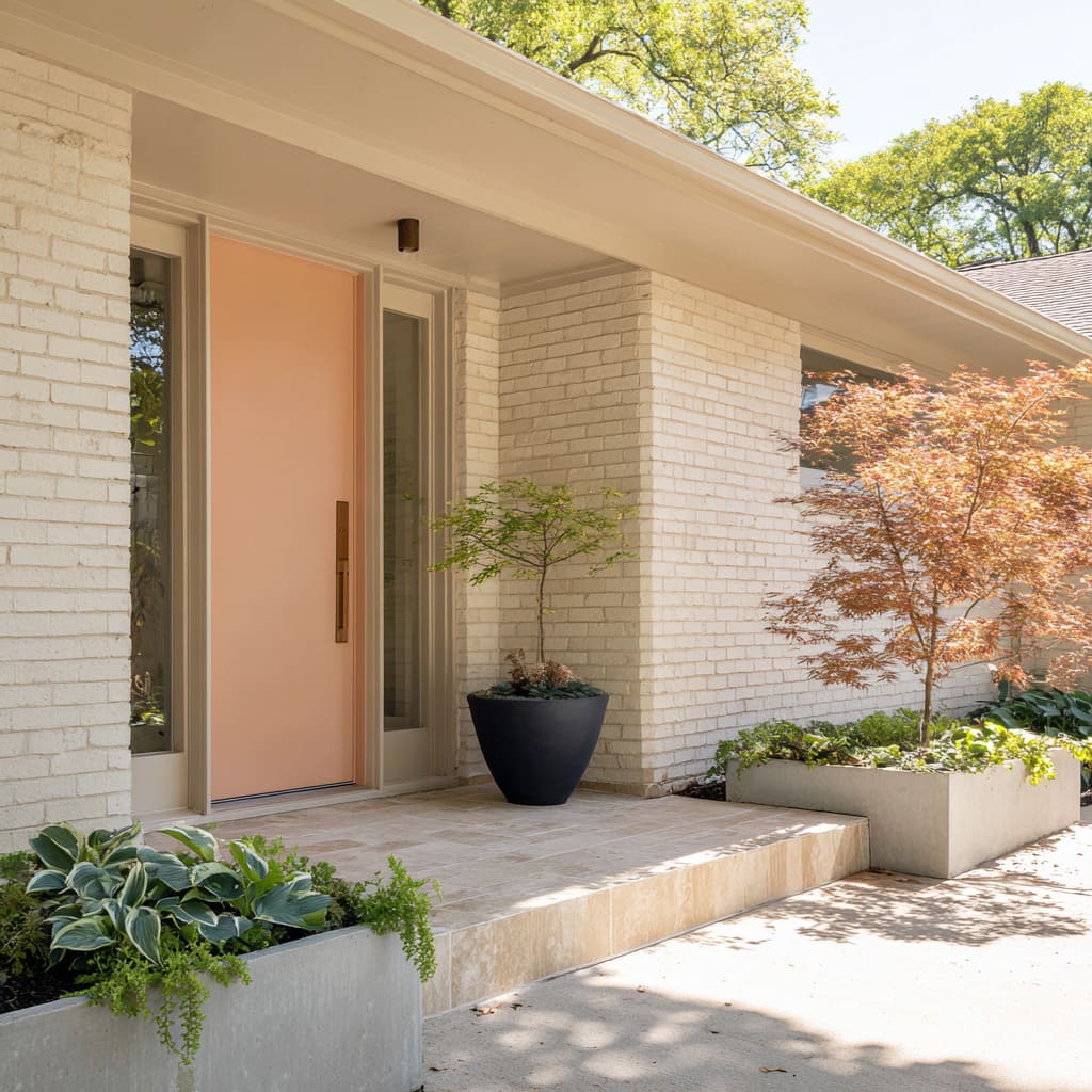 Muted Peach Door on Soft Cream Brick with Delicate Planters Muted Peach Door on Soft Cream Brick with Delicate Planters